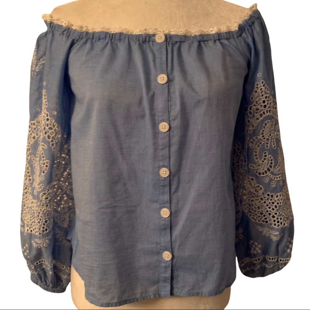 Yoana Baraschi Off-The-Shoulder Blouse Cotton Eyelet Sleeves Blue XS EUC - Picture 2 of 8